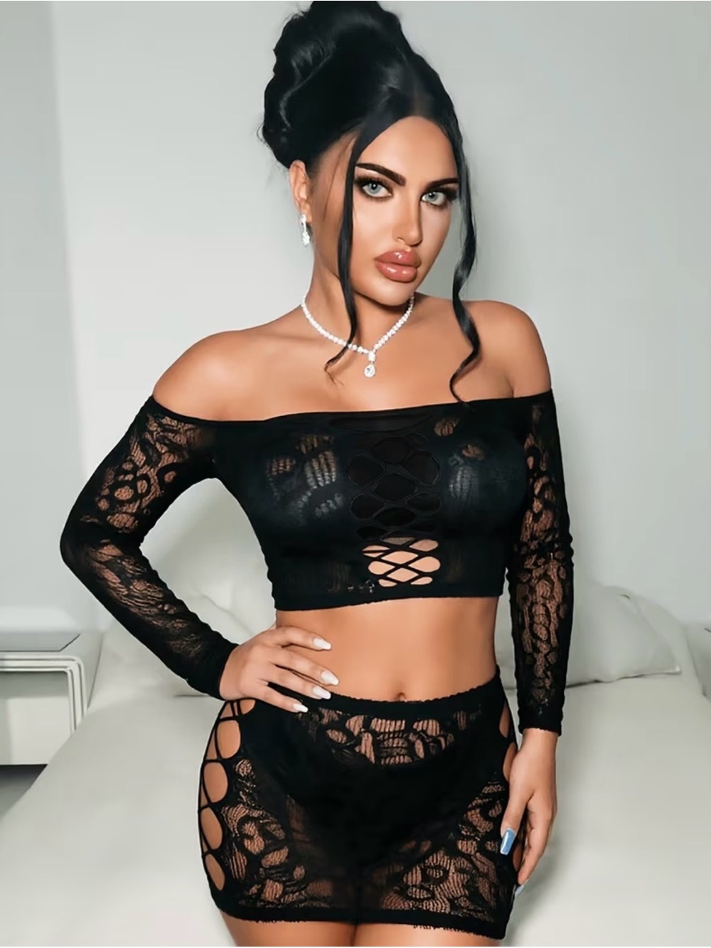 Off-Shoulder Black Lace Crop Top & Mini Skirt Set - Women's Intimates